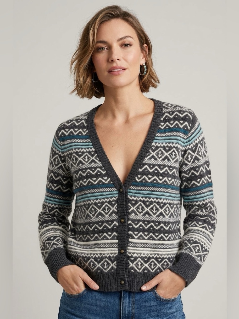 Lands' End Canvas Angora Wool Fair Isle Nautical Anchor Cardigan Sweater Size L